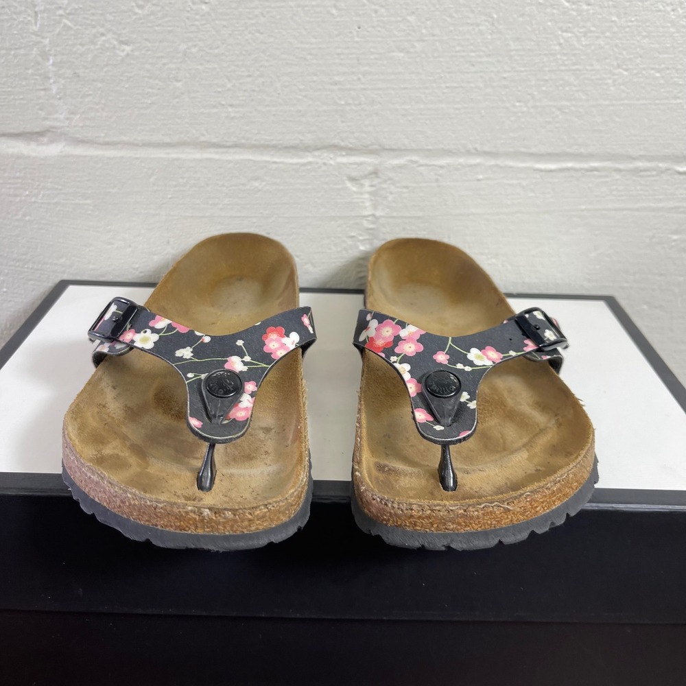 Papillio Birkenstock Gizeh Floral Sandals Black Pink Slip On Women's 37 EU/6 US‎
